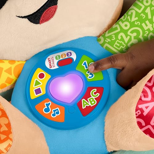 Fisher-Price Ríe y Aprende Perrito Aprende Conmigo 6+ Meses | Peluche musical; 5 botones, corazón iluminado y más de 80 canciones en español e inglés