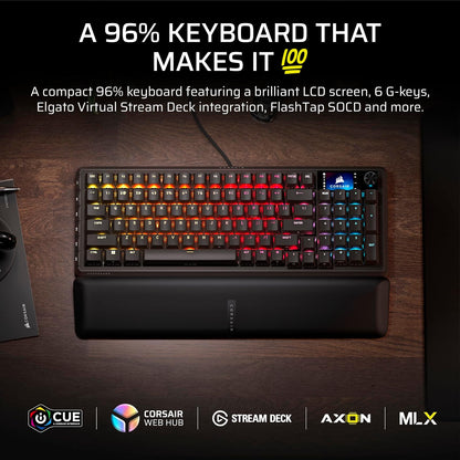 Corsair Vanguard 96 Teclado mecánico para juegos con cable – 96% diseño, interruptores lineales de plasma MLX, sondeo de 8000 Hz, visualización LCD, cubierta de flujo virtual, teclas G, SOCD Flashtap