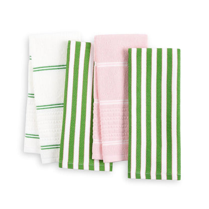 Kate Spade New York Botanical Stripe Juego de 4 Toallas de Cocina absorbentes, 100% algodón, Verde/Rosa, 17 x 28 Pulgadas - Verde