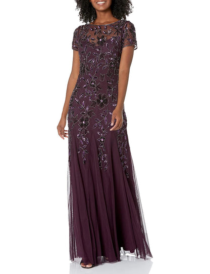 Adrianna Papell Vestido Godet con Cuentas Florales para Mujer, Ciruela Noche, 2