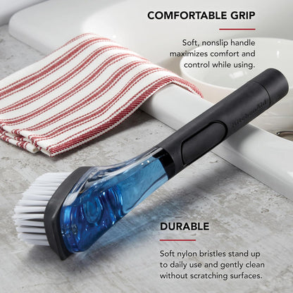 KitchenAid - Cepillo para Polvo dispensador de jabón con Mango fácil de llenar, cerdas de Nailon para una Limpieza Resistente, Mango cómodo para Agarre Antideslizante, Color Negro