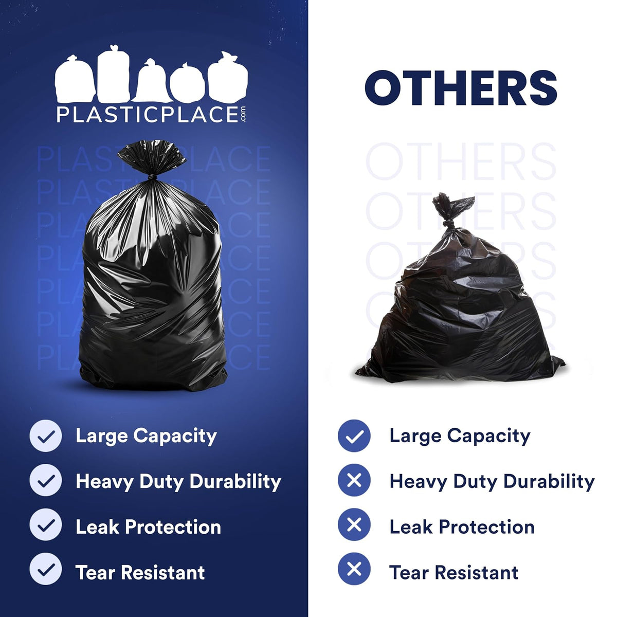 Aluf Plastics Plasticplace Bolsas de Basura de 55 a 60 galones │ 2.0 Mil │ Revestimientos Negros para Basura Resistentes │ 36 x 58 Pulgadas, 50 Unidades, Negro (Paquete de 1)