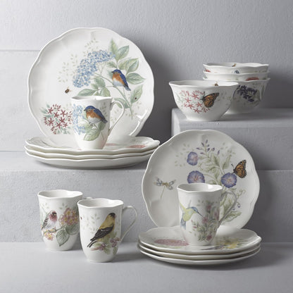 Lenox Vajilla Butterfly Meadow Flutter 12 Piezas para 4 Comensales, Porcelana Blanca, Diseños de Aves, Apta para Microondas