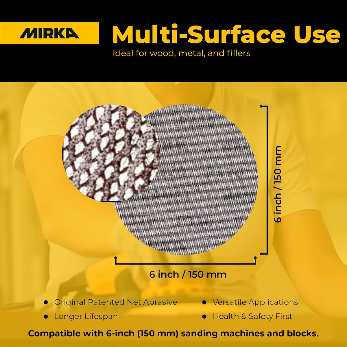 Mirka 9A-241-100 Discos de lijado de malla abrasiva de grano 100 de 6 pulgadas, caja de 50 discos