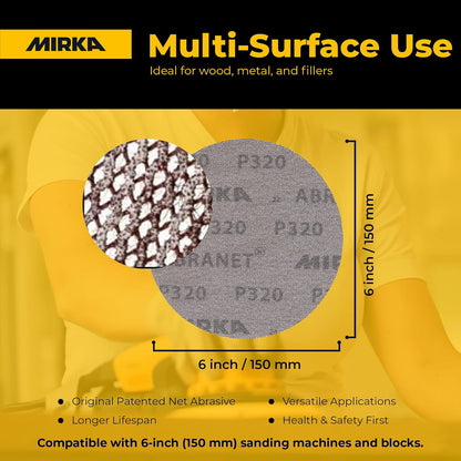 Mirka 9A-241-100 Discos de lijado de malla abrasiva de grano 100 de 6 pulgadas, caja de 50 discos