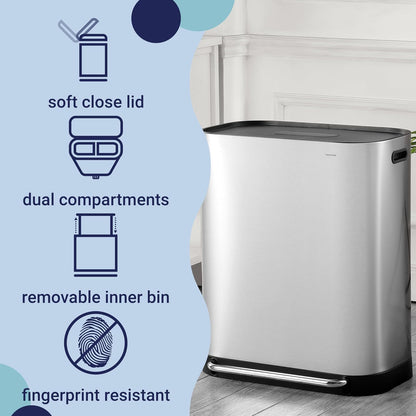 happimess HPM1014A Beni - Papelera de reciclaje de cocina de 16 galones, doble cubeta para el hogar, recámara, baño, sala de estar, habitación de invitados, oficina, cocina, cromo