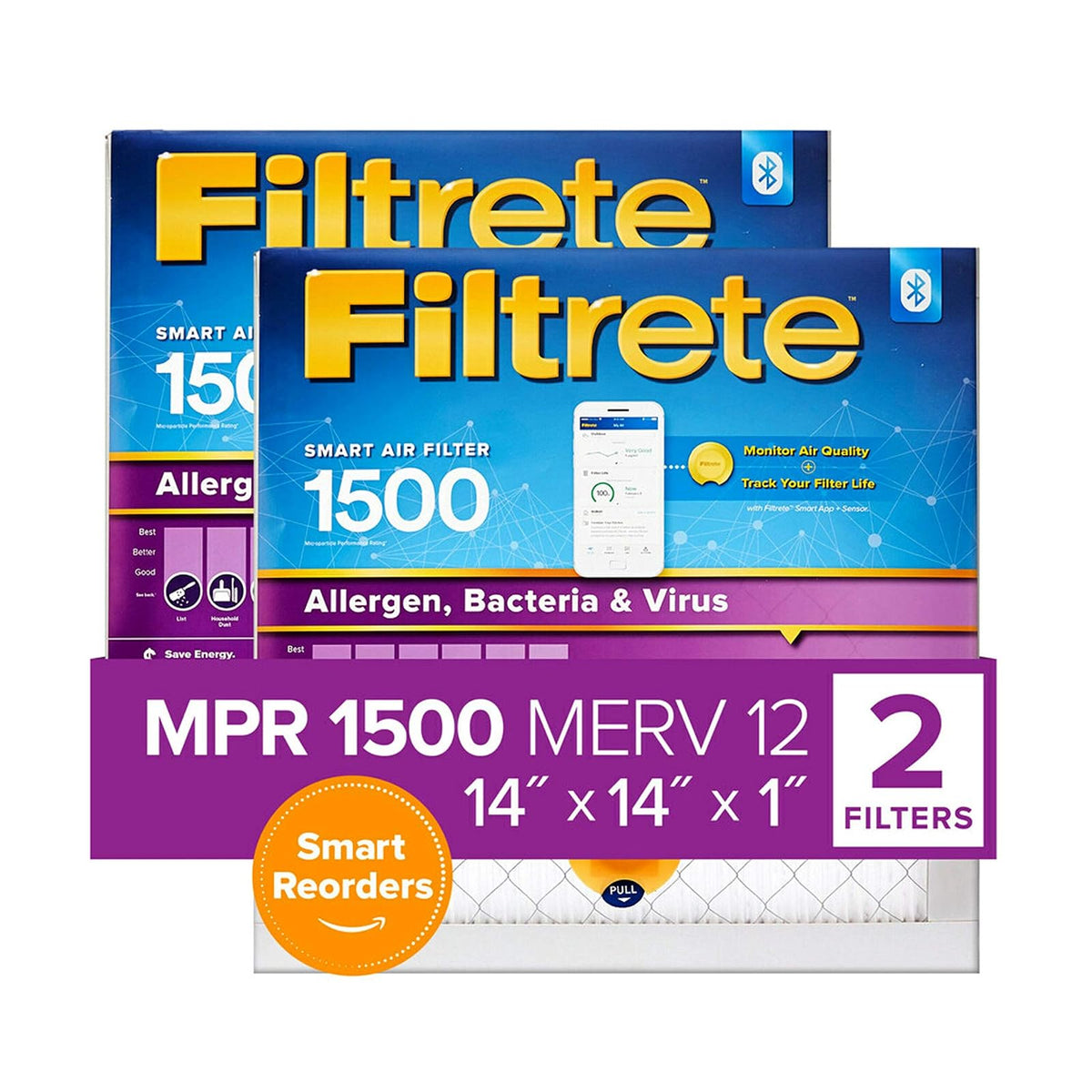 Filtrete Smart Filter MPR 1500 14 x 14 x 1 Allergen, Bacteria & Virus AC Furnace Air Filter, 2-Pack