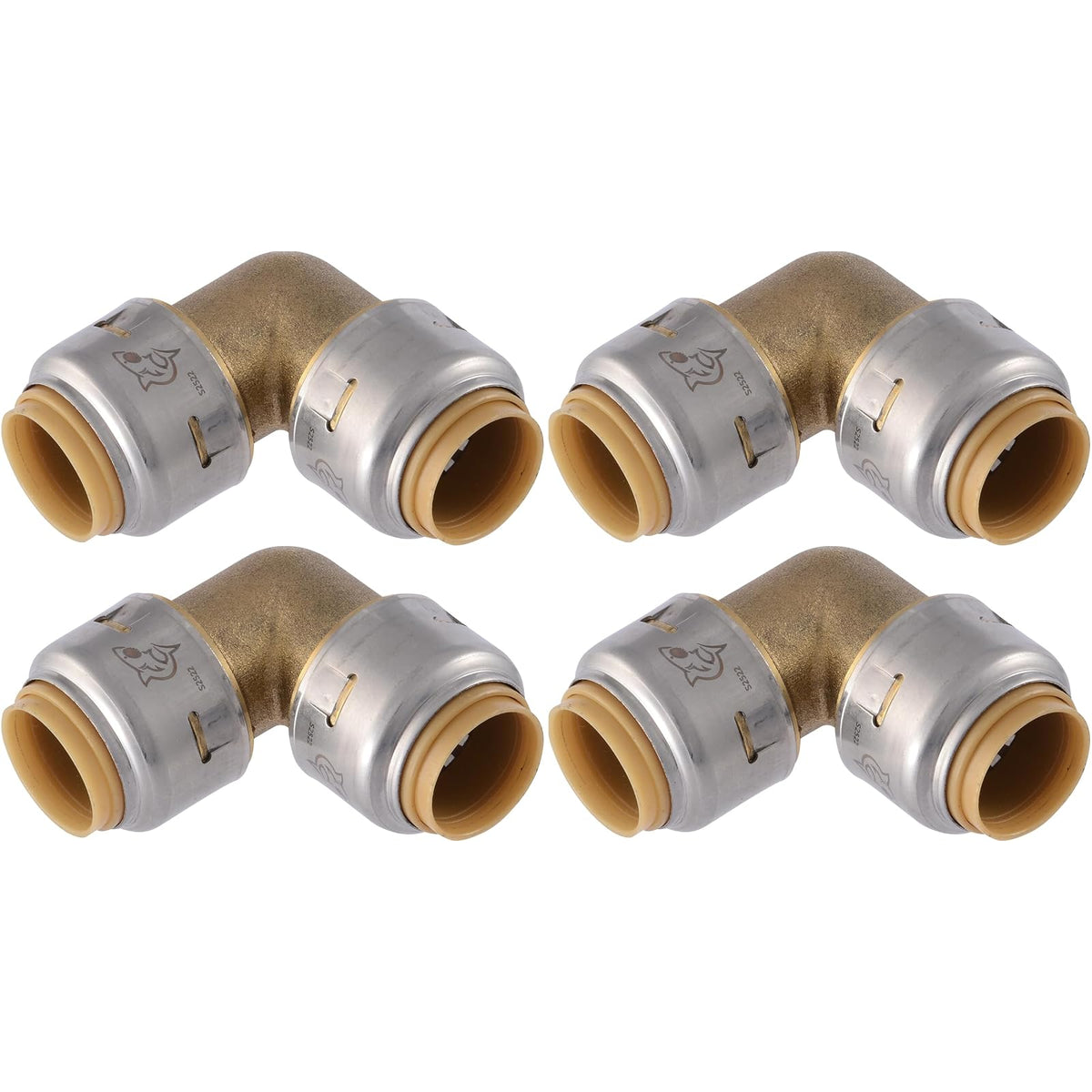 SharkBite Max Codo de 90 grados de 1/2 pulgadas, paquete de 4, ajuste de fontanería de latón a presión para conectar, tubería PEX, cobre, CPVC, PE-RT, HDPE, UR248A4