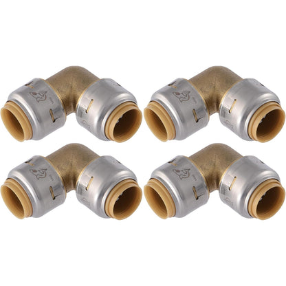 SharkBite Max Codo de 90 grados de 1/2 pulgadas, paquete de 4, ajuste de fontanería de latón a presión para conectar, tubería PEX, cobre, CPVC, PE-RT, HDPE, UR248A4