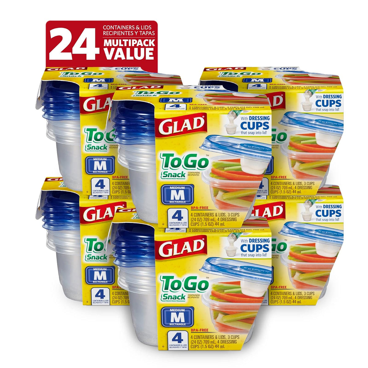 Glad To Go Food Storage Containers | Medium 24 oz Containers for Food Storage from Glad | Strong and Sturdy Rectangle Containers in Standard Size, 4 Count - 6 Pack
