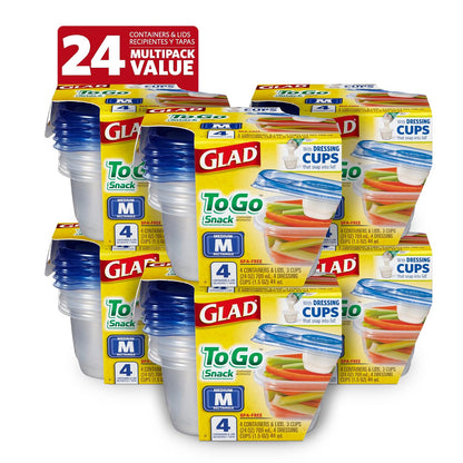 Glad To Go Food Storage Containers | Medium 24 oz Containers for Food Storage from Glad | Strong and Sturdy Rectangle Containers in Standard Size, 4 Count - 6 Pack