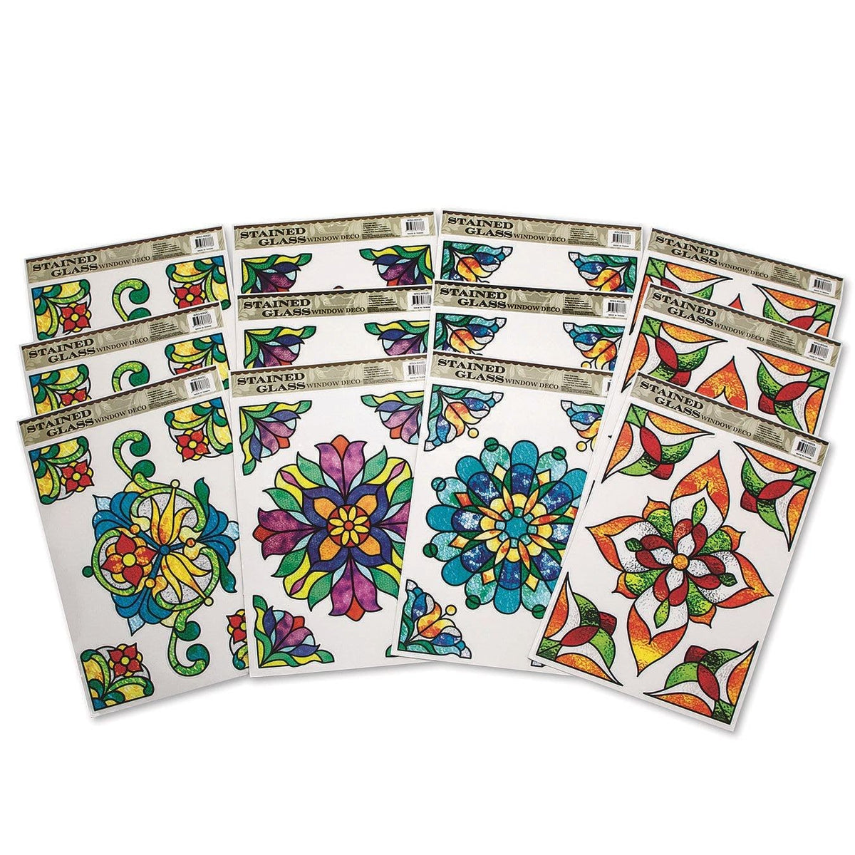 S&S Worldwide Se adhiere a vidrieras reposicionables y reutilizables: añade belleza a cualquier ventana o habitación con 11-3/4 pulgadas x 7-7/8a sin adhesivos, decoraciones estáticas, 4 diseños coloridos. Paquete de 12