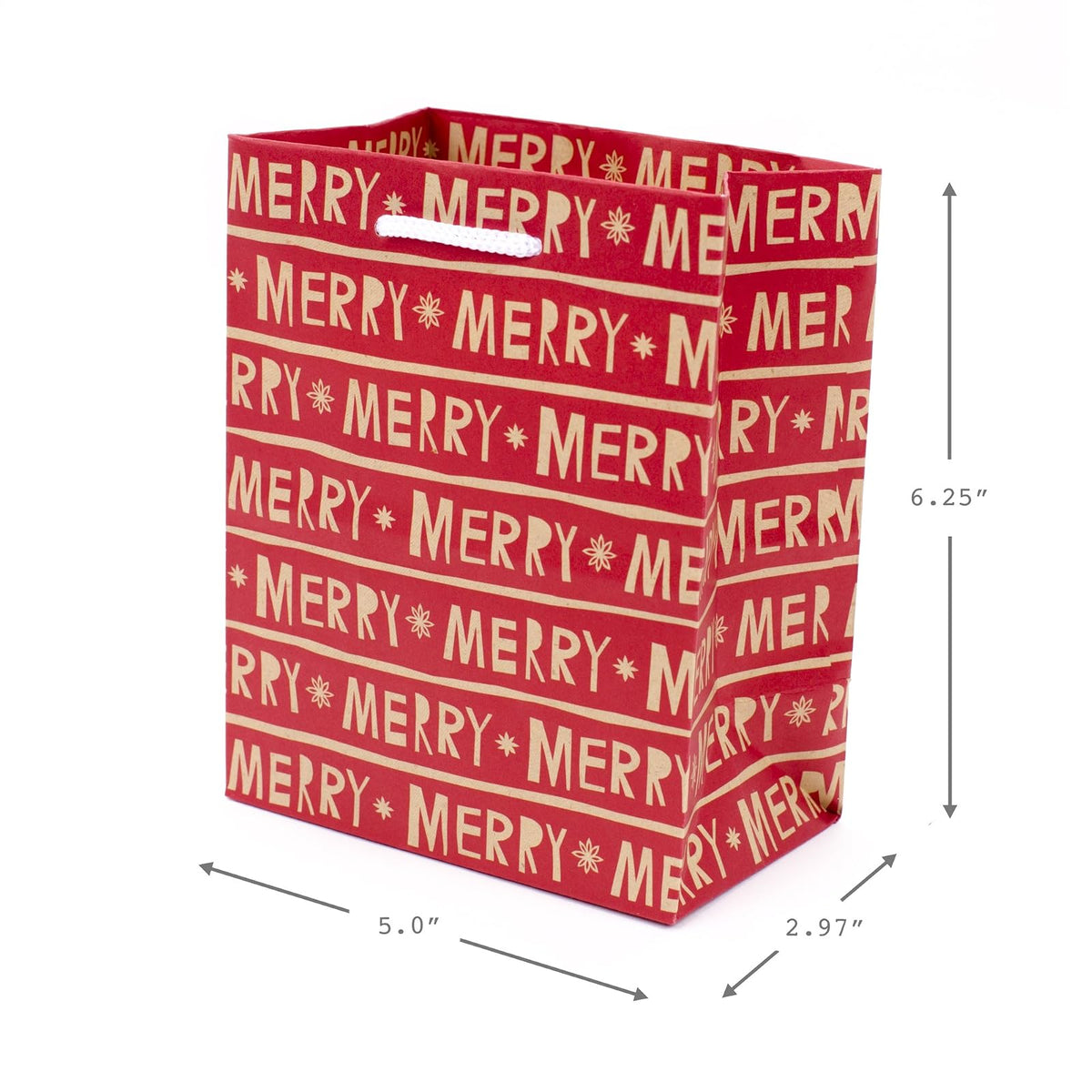 Hallmark Juego de bolsas de regalo pequeñas de 6 pulgadas (paquete de 5; rojo, blanco y kraft), copos de nieve, rayas, Merry (5XGB1798)