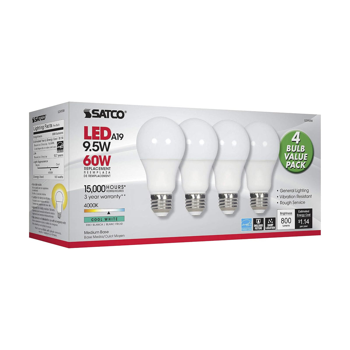 Satco S29558 - Bombillas LED A19 de 9,5 W, equivalente a 60 W, 4000 K, color blanco frío, paquete de 4
