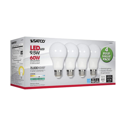 Satco S29558 - Bombillas LED A19 de 9,5 W, equivalente a 60 W, 4000 K, color blanco frío, paquete de 4