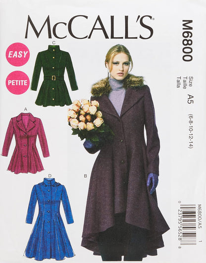 McCall's Pattern Company M6800 - Abrigos con Forro para Mujer, cinturón, Plantilla de Costura Desmontable para Cuello y Capucha, tamaño A5 (6-8-10-12-14)
