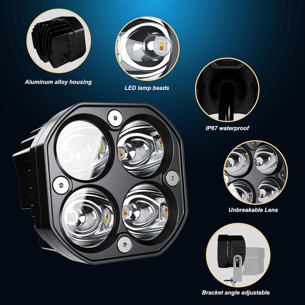 SLARY - Juego de 2 luces LED de trabajo de 3 pulgadas, color blanco y ámbar con seis modos, cubeta cuadrado, luces de parachoques con interruptor de arnés de cableado WHX-YY-4C-YWBS-2P3INS-SW