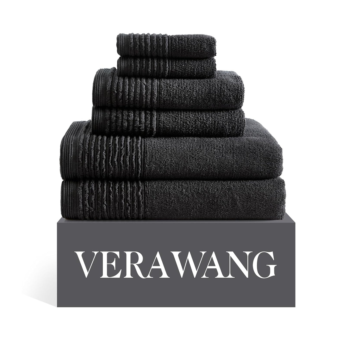 Vera Wang - Toallas de baño, Altamente absorbentes y súper Suaves, Esenciales de baño, Certificado Oeko-Tex, (Plisado esculpido, Negro, 6 Piezas)