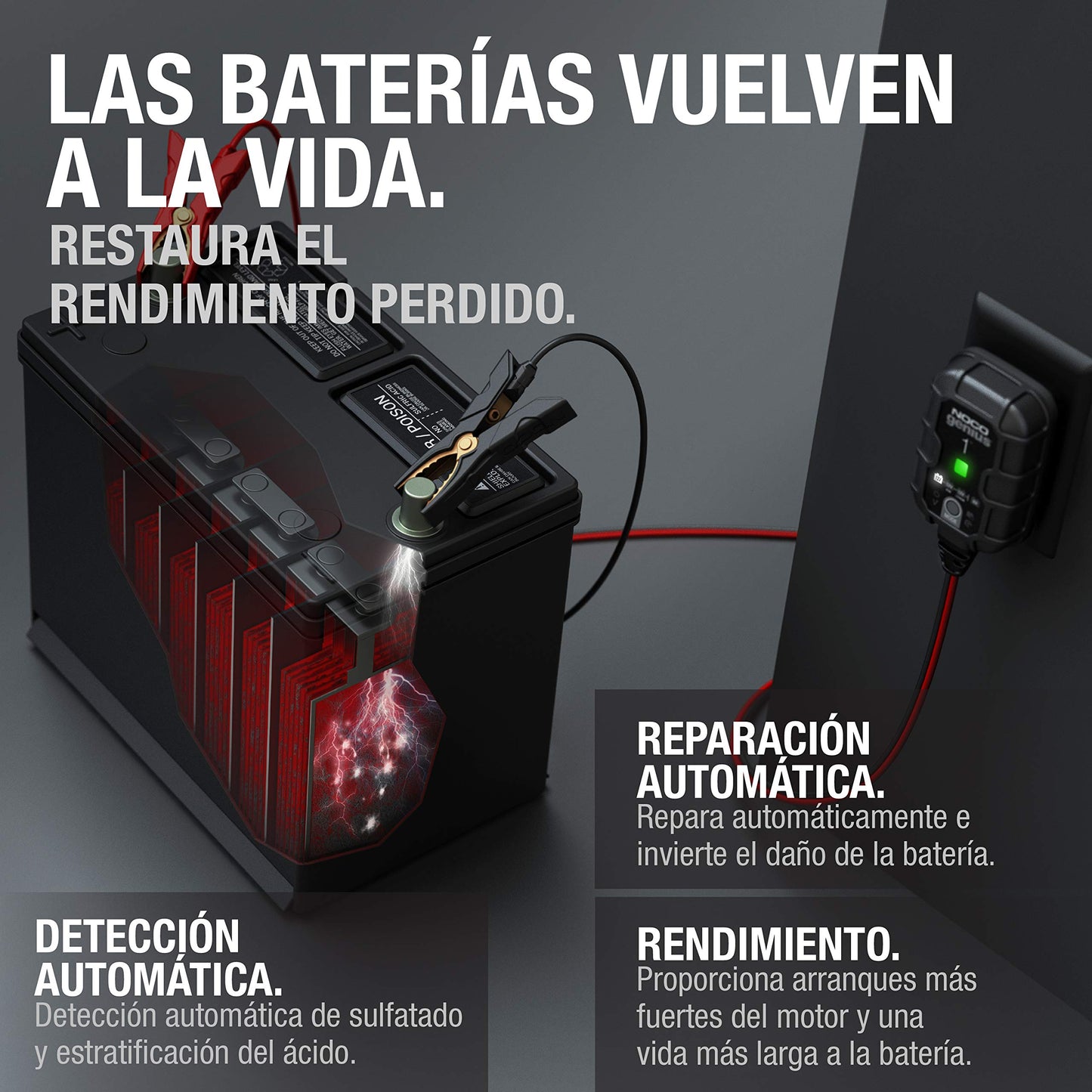 NOCO GENIUS1: Cargador de batería Inteligente 6V/12V 1A – Mantenedor automático, Cargador Lento y desulfatador con protección contra sobrecarga y compensación térmica – para baterías Plomo y Litio
