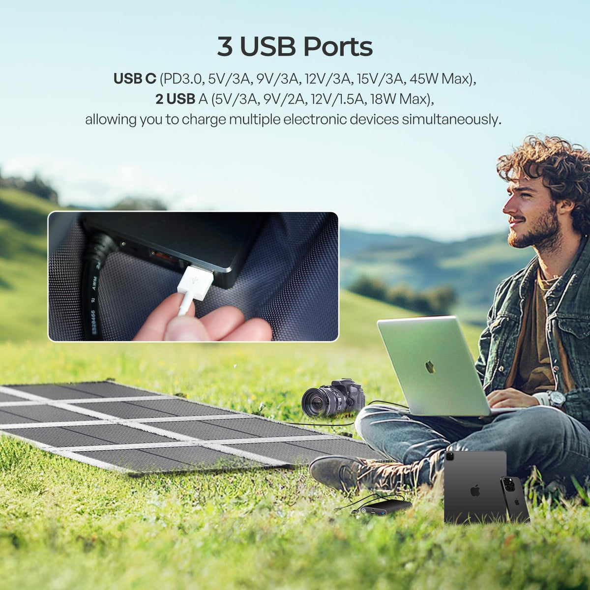 Renogy - Manta de panel solar portátil de 200 W, 25% de alta eficiencia, cargador solar plegable tipo N para central eléctrica, ahorro de espacio ligero de 8 pliegues, salida USB-A tipo C, para