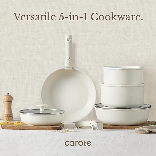 CAROTE – Batería de Cocina 15 Piezas, Ollas y Sartenes Antiadherentes, Mango Desmontable, Apto para Horno, Color Granito Blanco, Compatible con Inducción y Gas