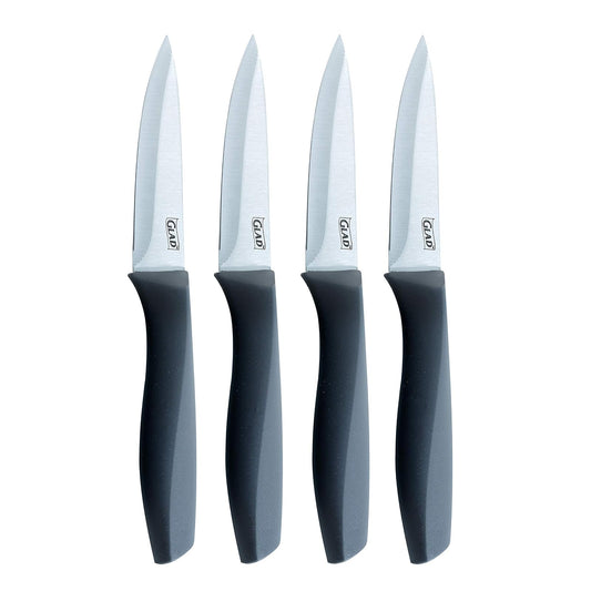 Glad - Juego de 4 cuchillos de pelar, cuchillas afiladas de acero inoxidable con asas antideslizantes, cuchillos de cocina de 3.5 pulgadas para cortar verduras y pelar frutas, color gris