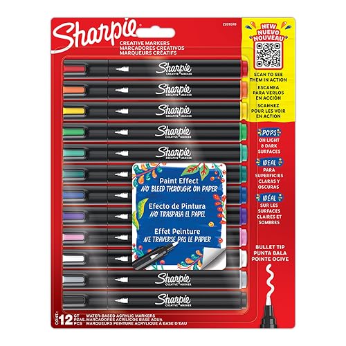 Sharpie Marcadores Creativos, Marcadores Acrílicos a Base de Agua, Punta de Bala, Colores Surtidos, 12 Piezas