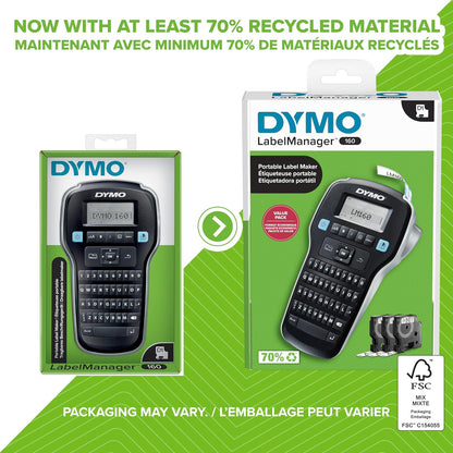 DYMO LabelManager 160 - Paquete portátil de etiquetas, fácil de usar, teclas inteligentes de un solo toque, teclado QWERTY, visualización grande, para organización del hogar y la oficina, incluye 3