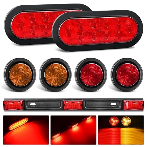 Nilight LED Trailer Light Kit 6 Inch Oval Stop Turn Taillight 2 Inches Round Red Amber Side Marker Lights 9 LED ID Bar for 12V RV Camper Caravan Truck Bus Boat - Luces traseras con luz de marcador con barra de luz de identificación - Luces de remolque