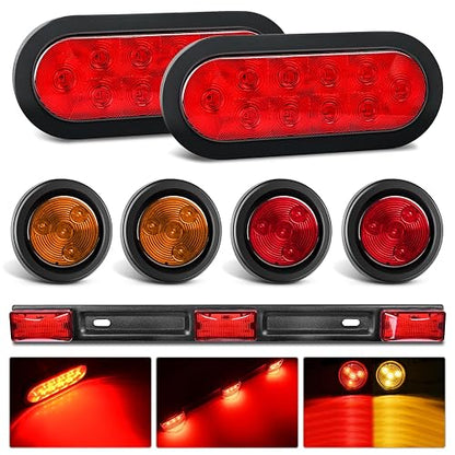 Nilight LED Trailer Light Kit 6 Inch Oval Stop Turn Taillight 2 Inches Round Red Amber Side Marker Lights 9 LED ID Bar for 12V RV Camper Caravan Truck Bus Boat - Luces traseras con luz de marcador con barra de luz de identificación - Luces de remolque