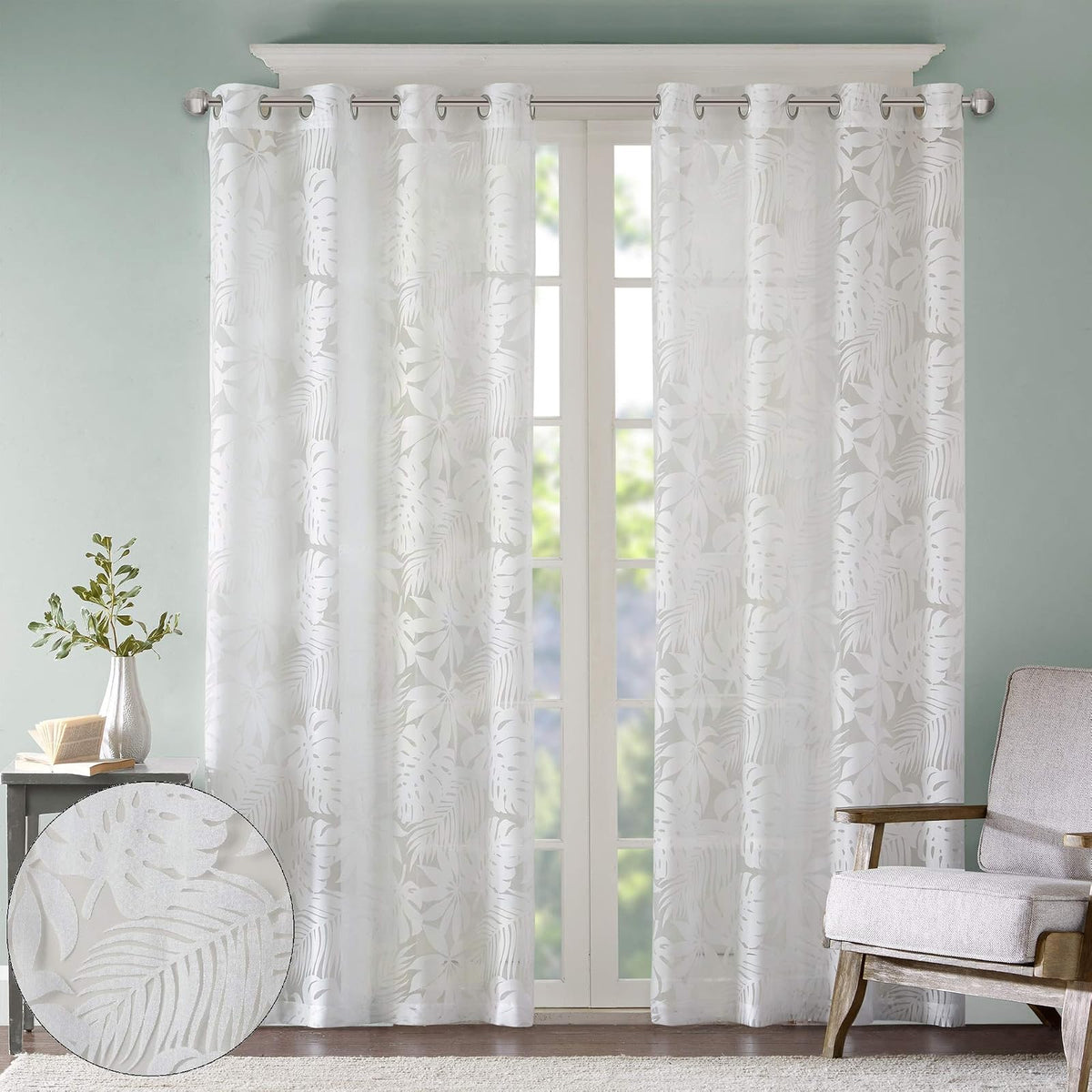 Madison Park Cecily Cortina Semitransparente con Estampado Botánico - 127An x 160Al cm (1 Paneles) - Leilani Tropical White