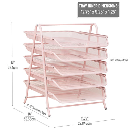 Betesh Mind Reader 5-Tier Paper Tray, Desktop Organizer, File Storage, Workspace, Office, Metal Mesh, 11.75" L x 14" W x 14.5" H, Pink