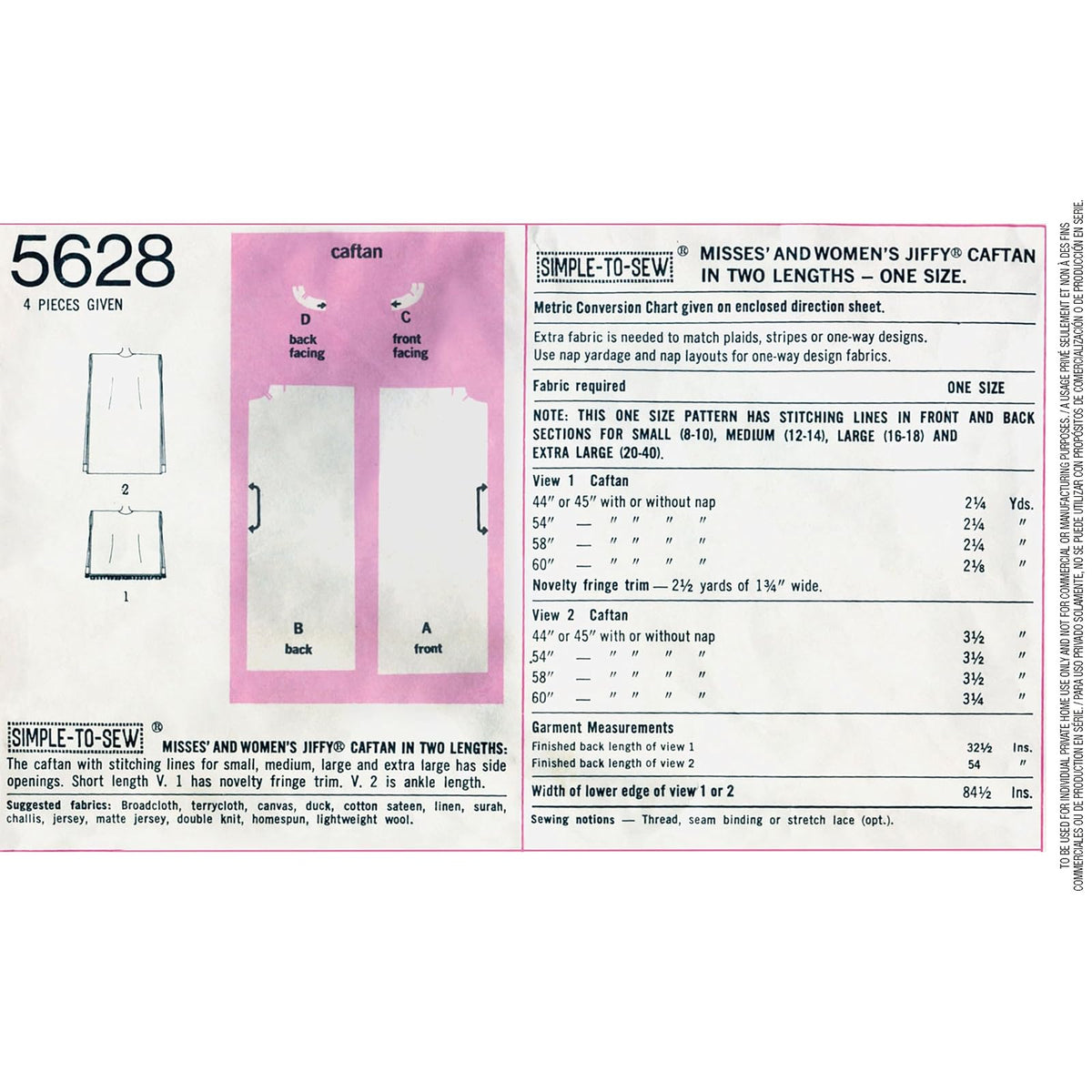 Simplicity UV5628OS - Kit de patrones de costura estilo caftán clásico para mujer, código 5628, tallas 8-40