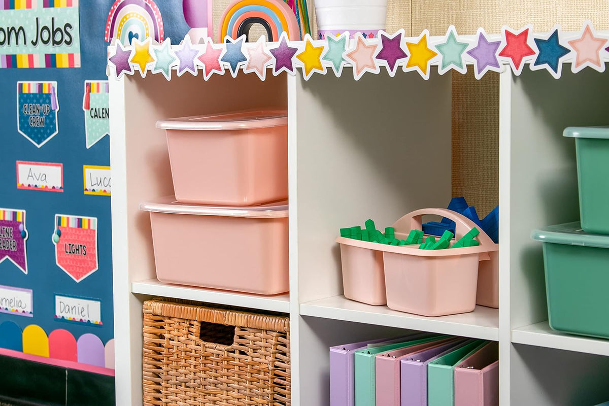 Teacher Created Resources Blush Organizador de almacenamiento de plástico portátil, paquete de 6 para aulas, habitación de los niños y organización de oficina, 3 compartimentos