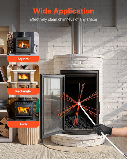 VEVOR Kit de Cepillo Limpieza de Chimenea, 8 m Varilla Flexible de Nylon, 3 Recambios de Cerdas, Guantes, Gafas, Bolsa, Deshollinador Flexible a 90° para Chimeneas Cuadradas, Rectangulares y Arqueadas