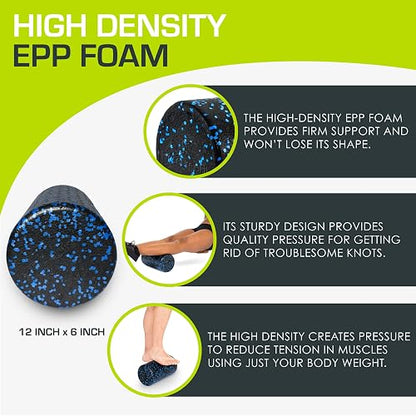 ProsourceFit High Density Foam Rollers 12 - Inches Long, Firm Full Body Athletic Massage Tool for Back Stretching, Yoga, Pilates, Post Workout Muscle Recuperation, Black/Blue