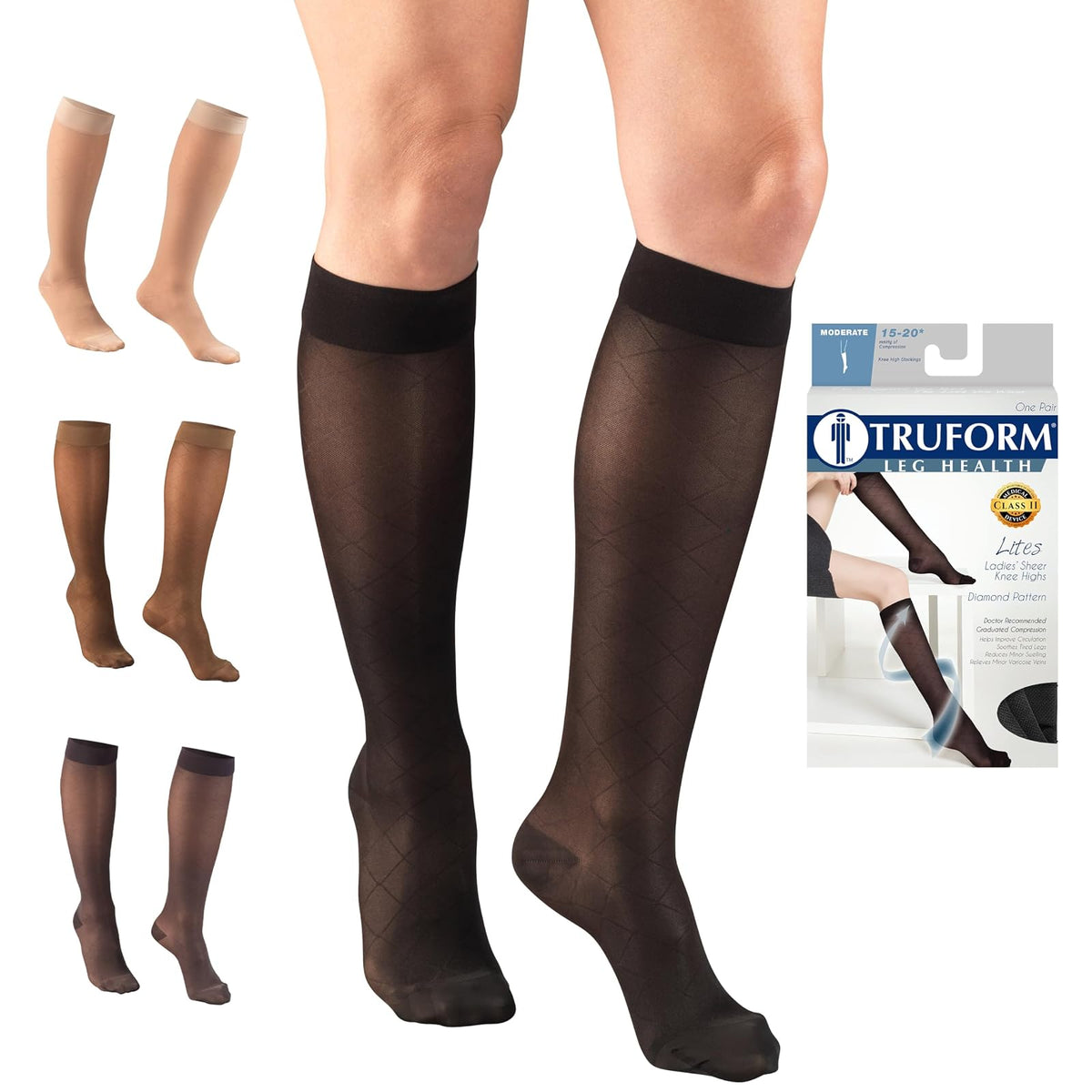 Truform Medias de Compresión 15-20 mmHg, Largo Hasta la Rodilla - CH - Black
