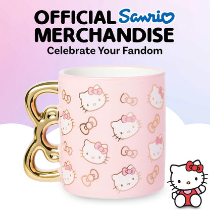 Silver Buffalo Hello Kitty - Taza de cerámica con diseño de caras y lazos dorados y rosados, 20 onzas