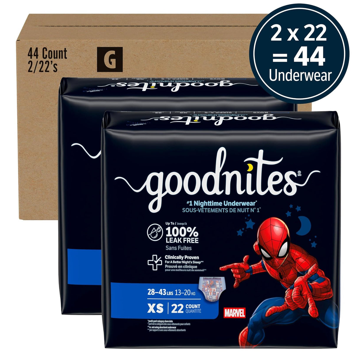 Goodnites Pantalones de Noche para Niños con Incontinencia Nocturna, Braguitas para Niños con Dibujo Animado, Talla Extra Pequeña, 44 Unidades