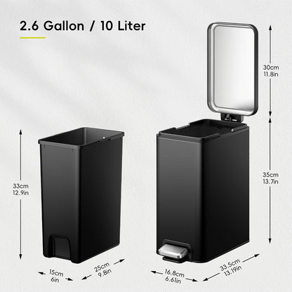 EKO - Bote de basura pequeño para baño con tapa, cierre suave, pedal de paso, cubeta de basura de acero inoxidable de 10 litros/2.6 galones con cubeta interior extraíble, acabado antihuellas (negro