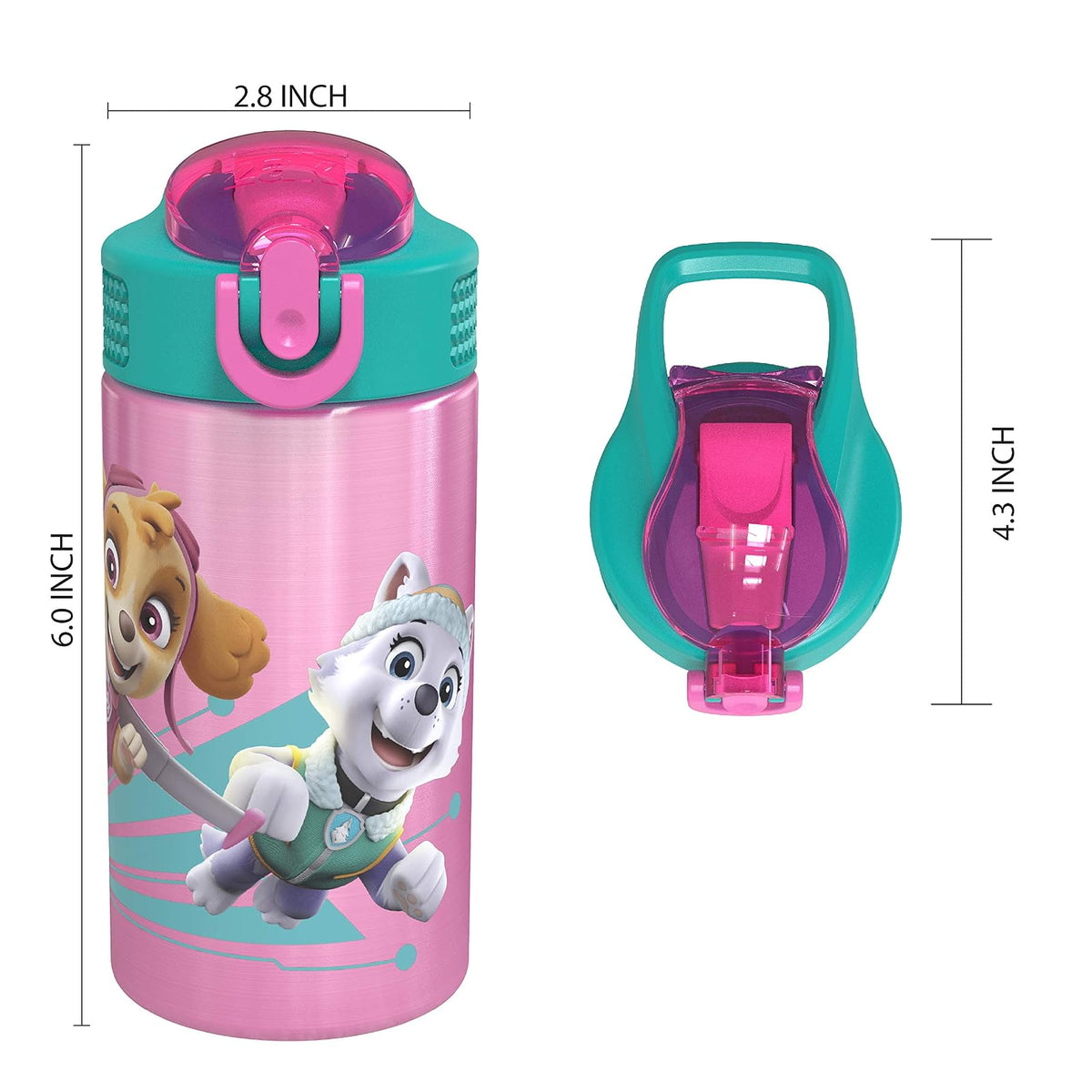 Zak Designs - Botella de agua para niños de acero inoxidable 18/8 de 15,5 oz con tapa abatible con cierre de popote, taza duradera para deportes o viajes, Paw Patrol Skye