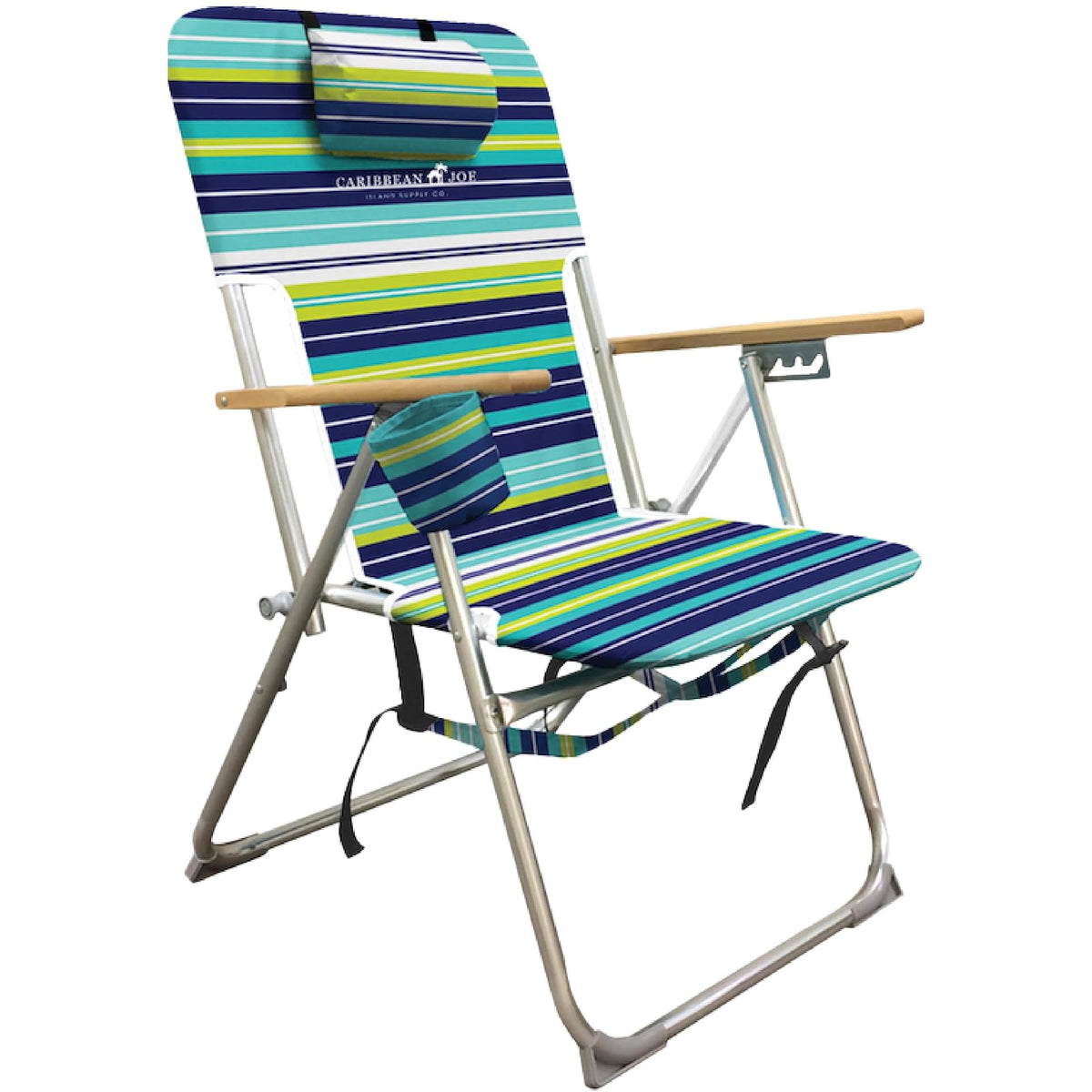 Caribbean Joe - Silla de Playa Plegable, Mochila portátil de 4 Posiciones, Silla de Camping Plegable con reposacabezas, portavasos y reposabrazos de Madera, Rayas Azules y Lima