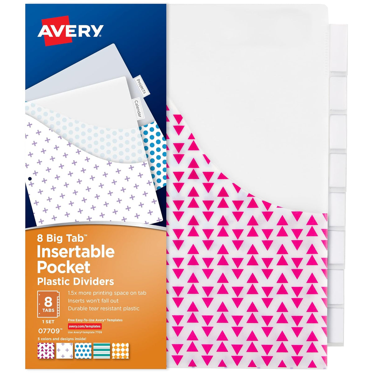 Avery 7709 - Separadores de carpetas de plástico con bolsillos para archivadores insertables transparentes grandes, varios diseños, 1 juego, 1 set, Transparente, Paquete de 1