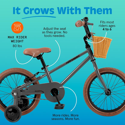 Retrospec Beaumont Mini Bicicleta Infantil de 16 Pulgadas para niños de 4 a 6 años con neumáticos de amortiguación, Frenos en V, Ruedas de Entrenamiento, Cesta y Campana para niños y niñas