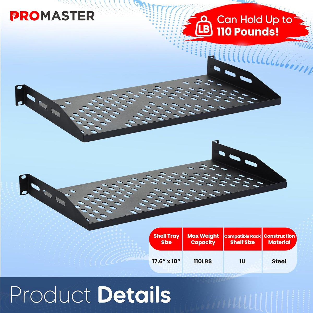 ProMaster - Estante ventilado para Servidor, 19 Pulgadas, 10 Pulgadas de Profundidad, 1U Universal integración Servidor ventilado Bandeja de Montaje en Rack para Flujo de Aire Constante, Montaje en