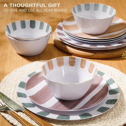 Gibson Home Cottage Stripes Juego de 12 Piezas de Platos y Tazones | Melamina irrompible, para exteriores, camping, uso diario, colores surtidos