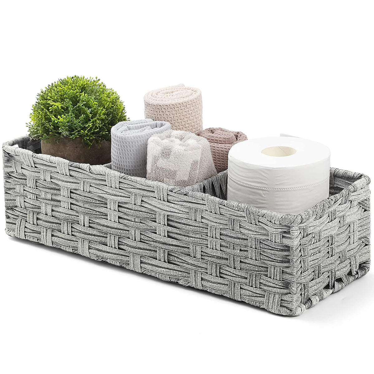 AOZITA Cesta de Papel para Inodoro con Divisor | Lavado gris, tejido a mano, mimbre plástico, almacenamiento múltiple