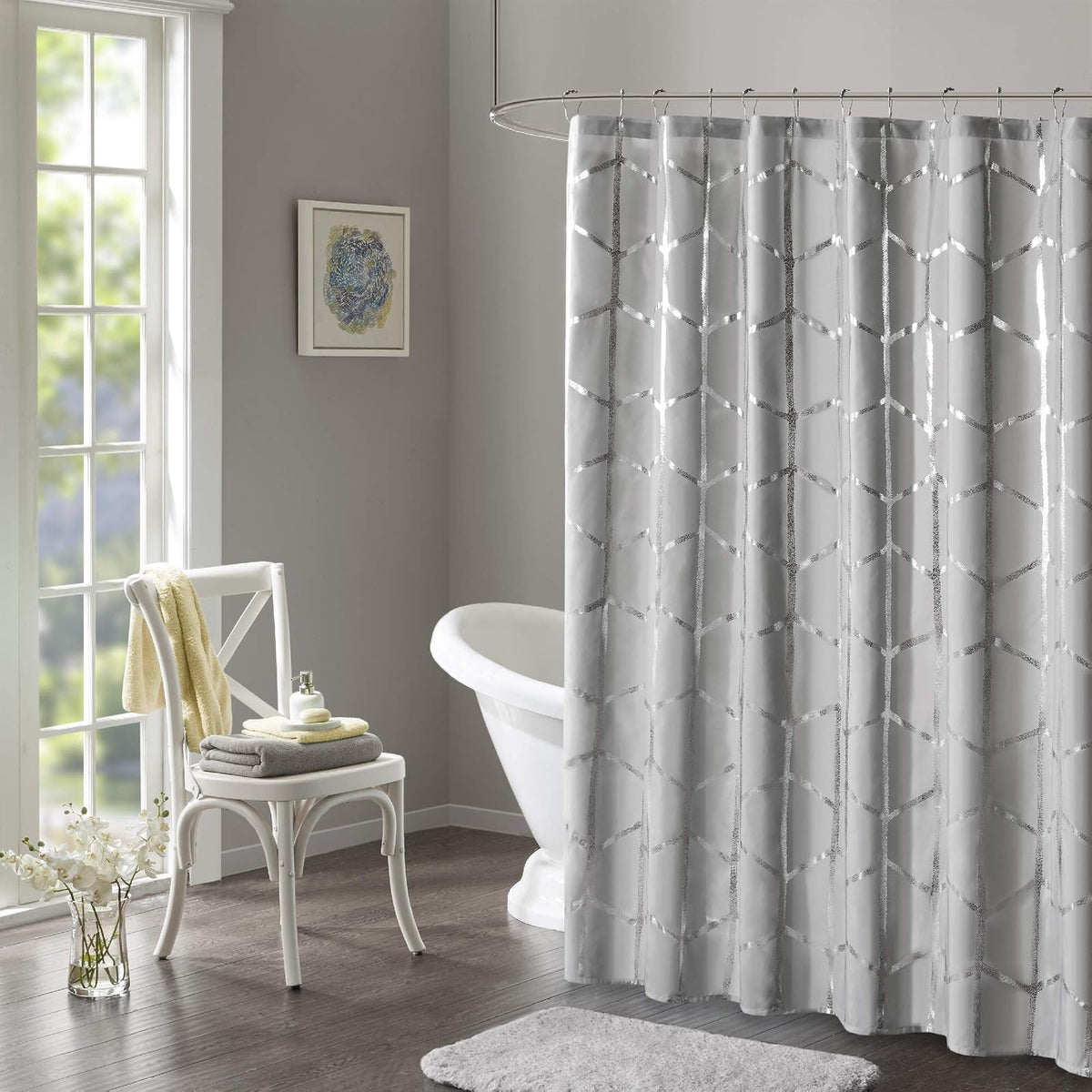 Intelligent Design Cortina de Ducha con diseño Inteligente Raina Estampada geométrica metálica Lavable a máquina, decoración Moderna para el baño del hogar, 183 x 183 cm, Gris - gris - 183An x 183Al cm (1 Paneles)