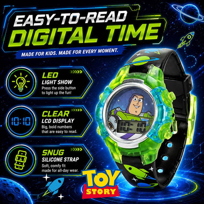 Disney Pixar Toy Story 4 Buzz Lightyear - Reloj LCD intermitente para niños con esfera colorida iluminada, funda duradera, correa con temática espacial, perfecto para niños y niñas a partir de 4 años,