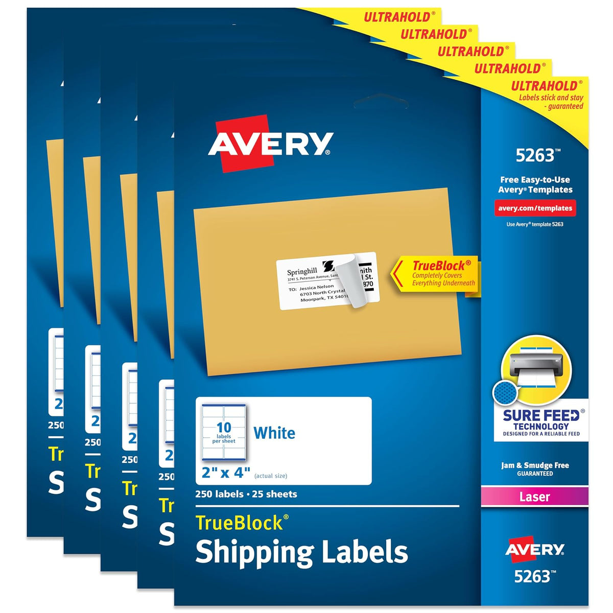 Avery Etiquetas de dirección de envío, impresoras láser, 250 etiquetas, etiquetas 2x4, calcomanía permanente, TrueBlock, 5 paquetes (5263)
